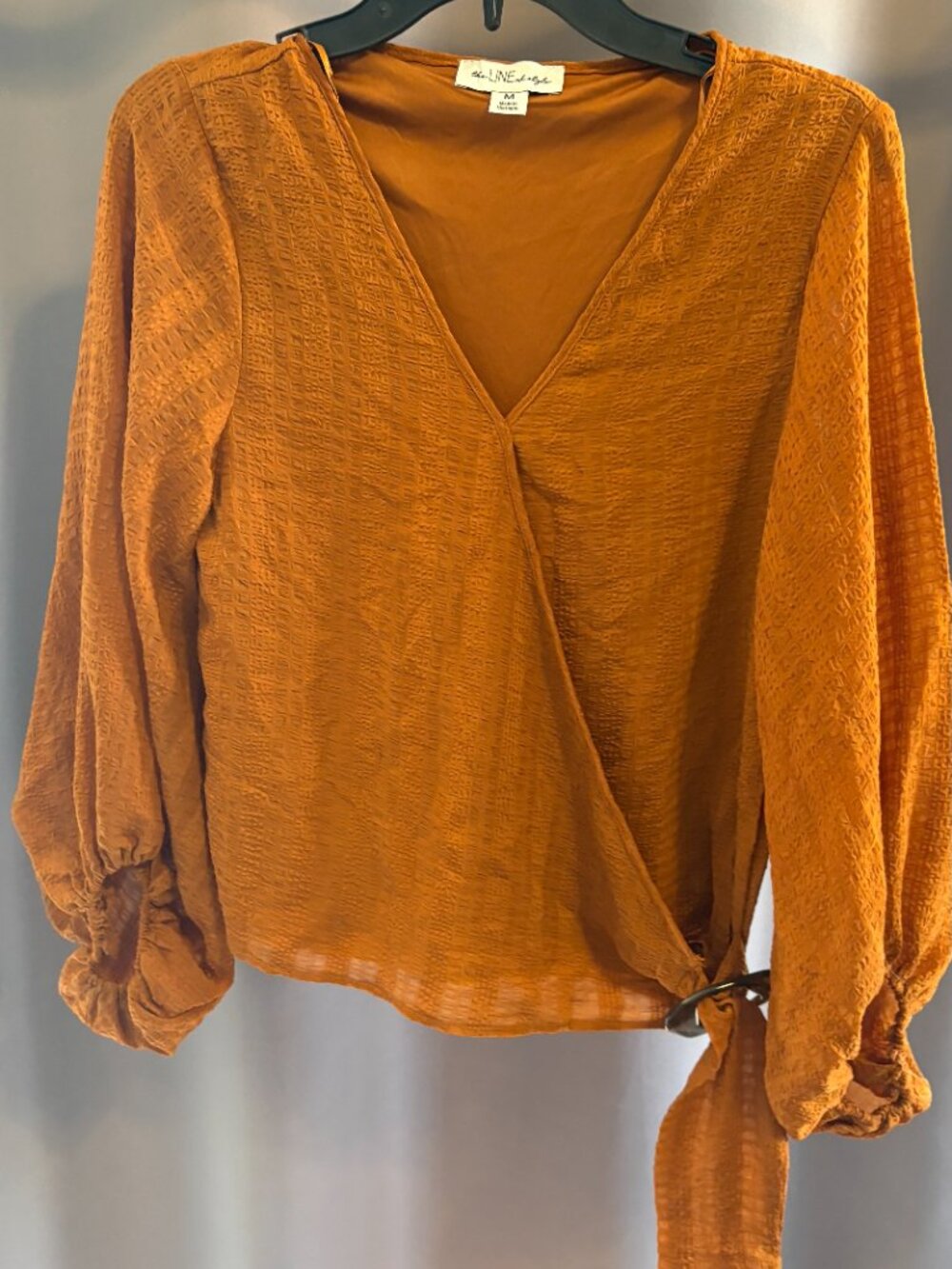 The Line of Style Rust Terracotta Textured Wrap Blouse Long Balloon Sleeve Mediu